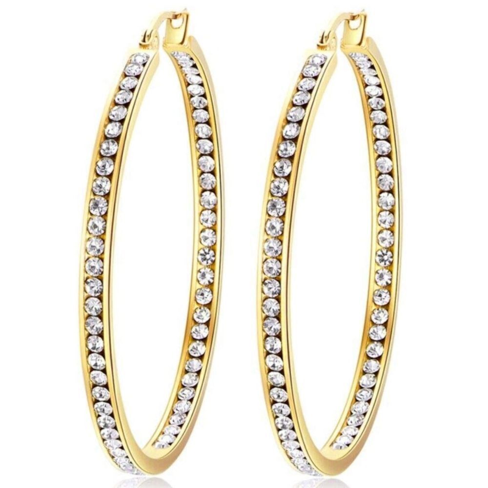 14K Yellow Gold with White Diamond Cubic Zirconia Big Hoop Latch Back Earrings
